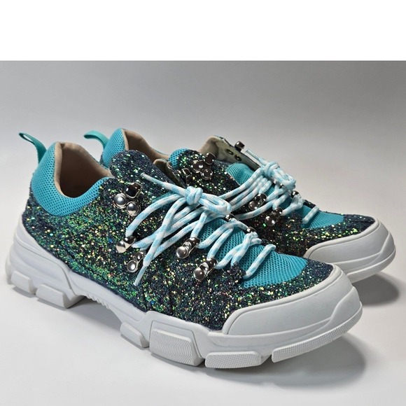 Chase and Chloe Glitter Chunky Sneakers Womens 8.5 Turquoise Y2K NEW NWOB - Picture 2 of 9